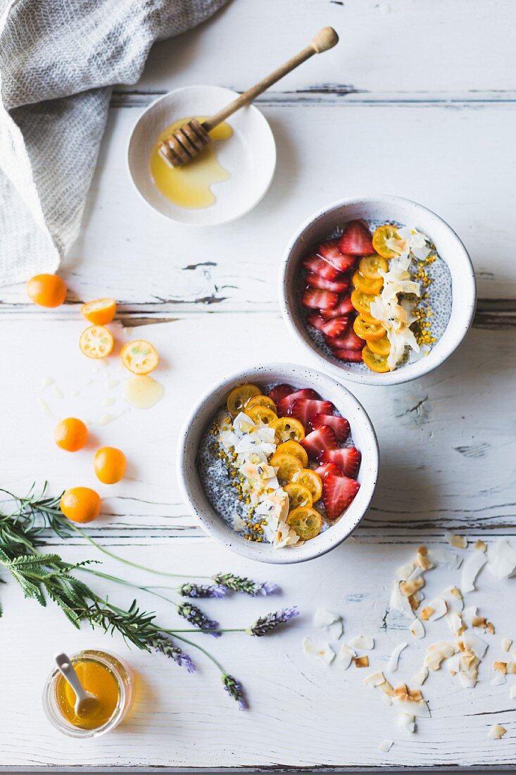 Chia pudding breakfast bowls with kumquats, berries and lavender honey, Gluten-free, dairy-free