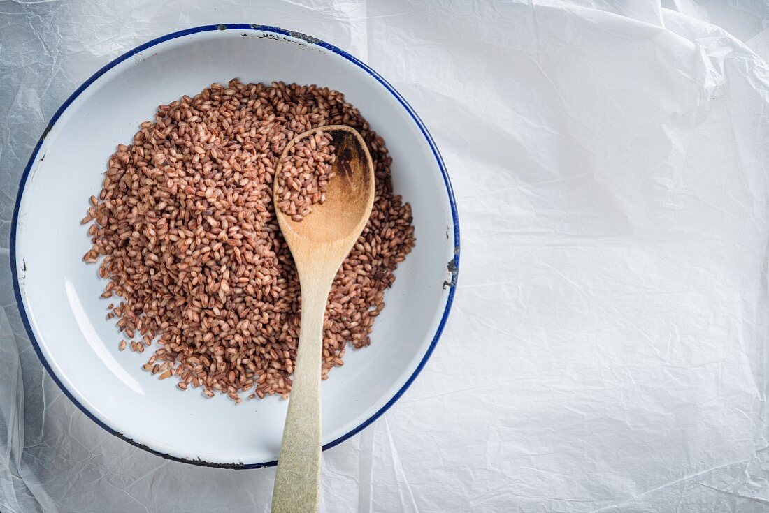 Brown rice with a wooden spoon in an enamel dish