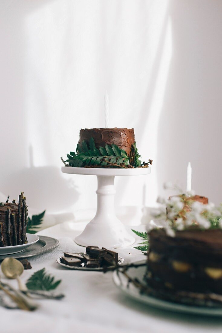 Chocolate cake on white table