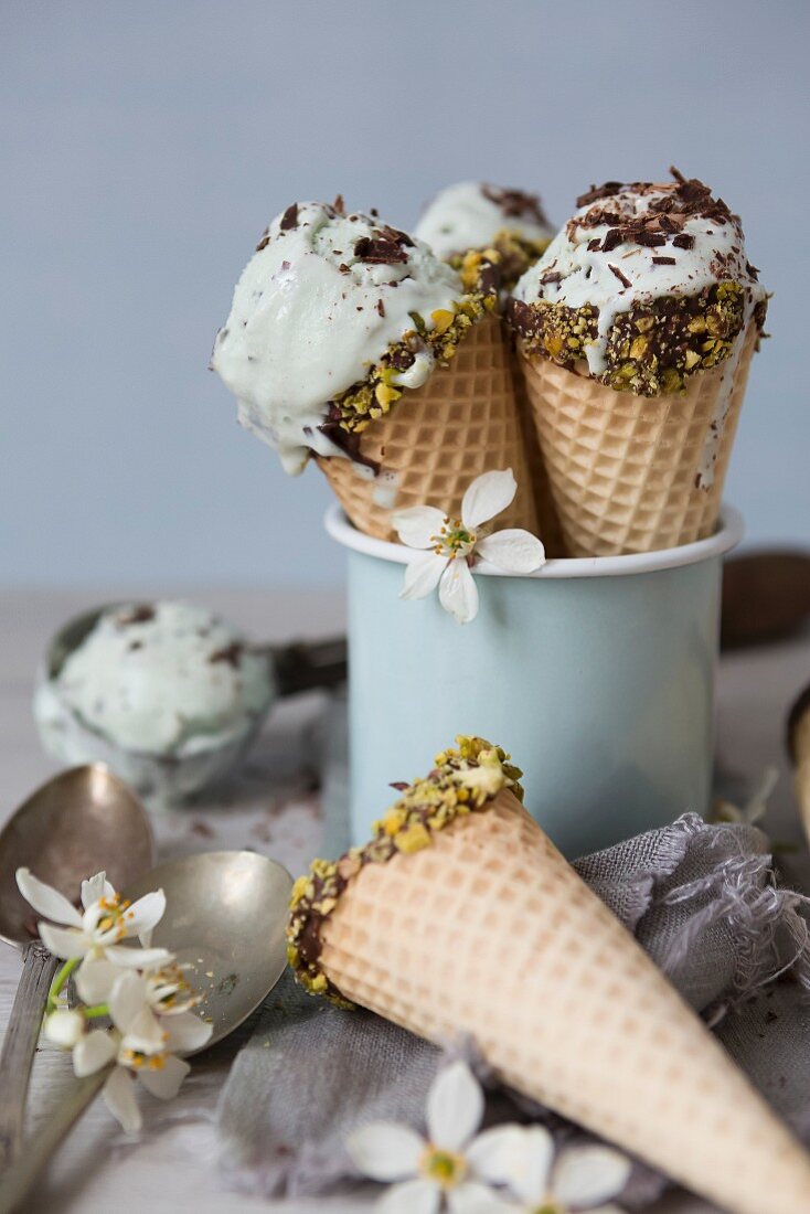 Mint Choc Ice Cream in Cones in a Cup