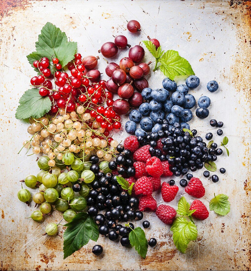 Mix of fresh berries with leaves on textured metal background