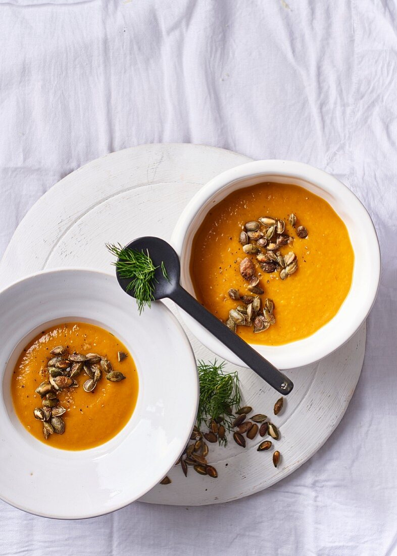 Butternut and fennel soup with ginger and roasted pumpkin seeds