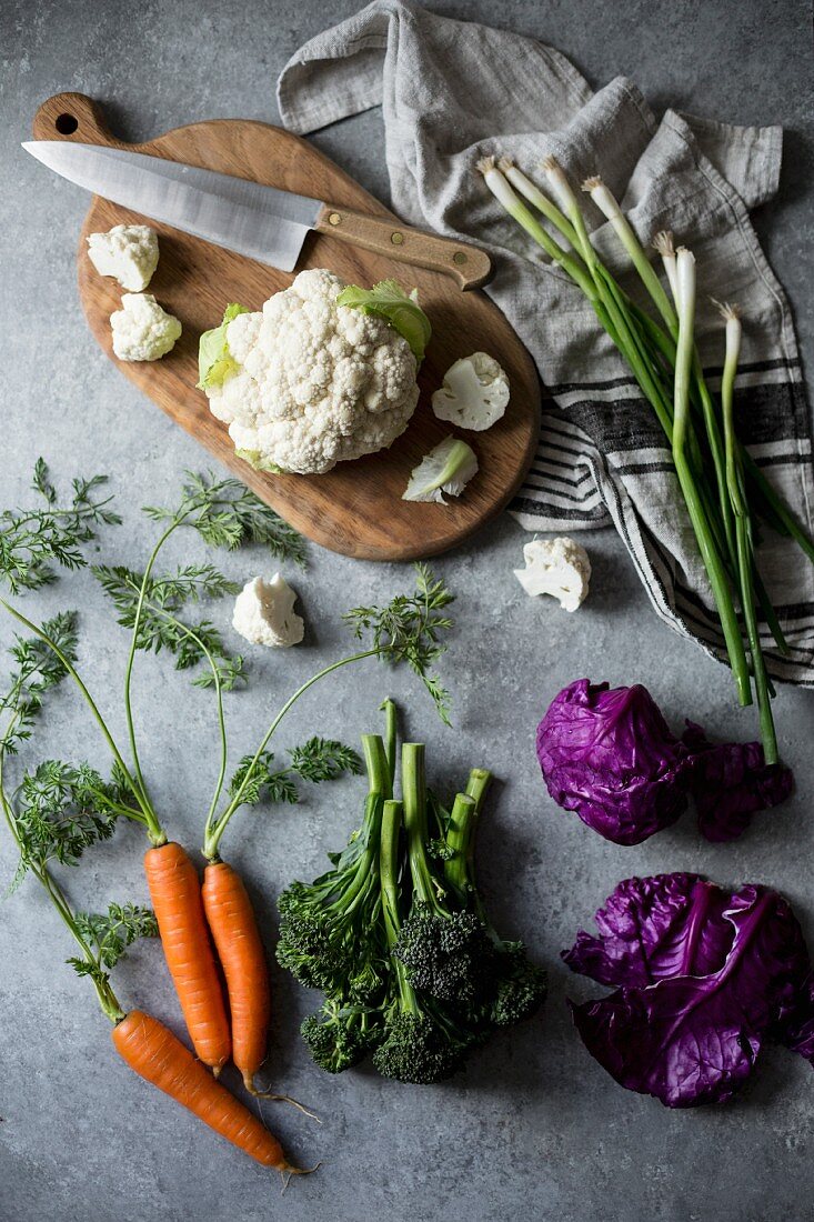 Gemüse: Blumenkohl, Karotten, Brokkoli, Rotkohl und Frühlingszwiebeln