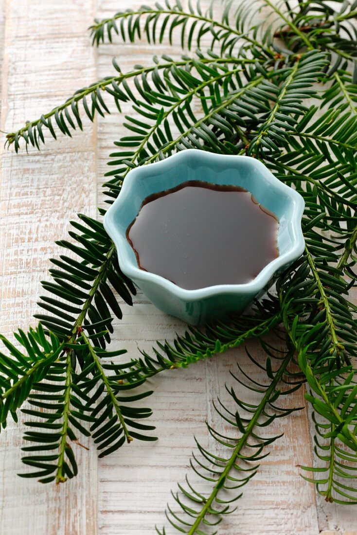 Spruce tip syrup in a small bowl