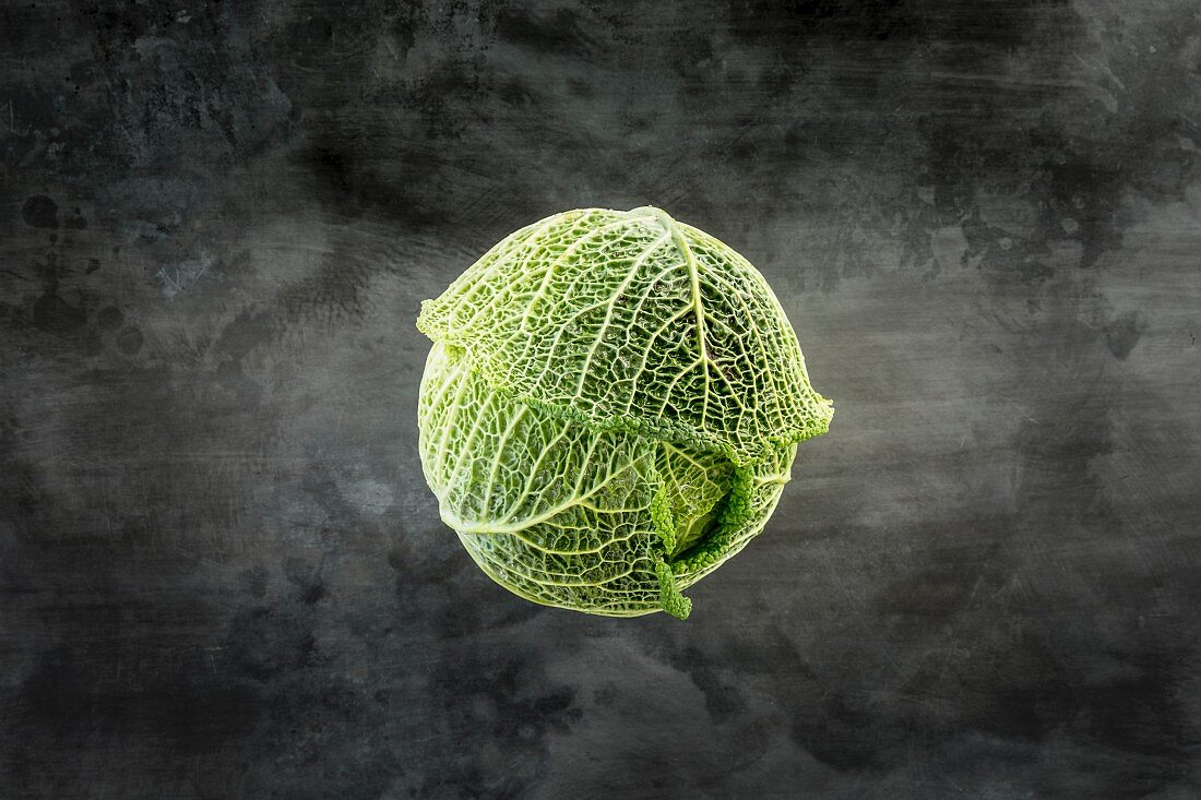 Savoy cabbage on a grey stone surface