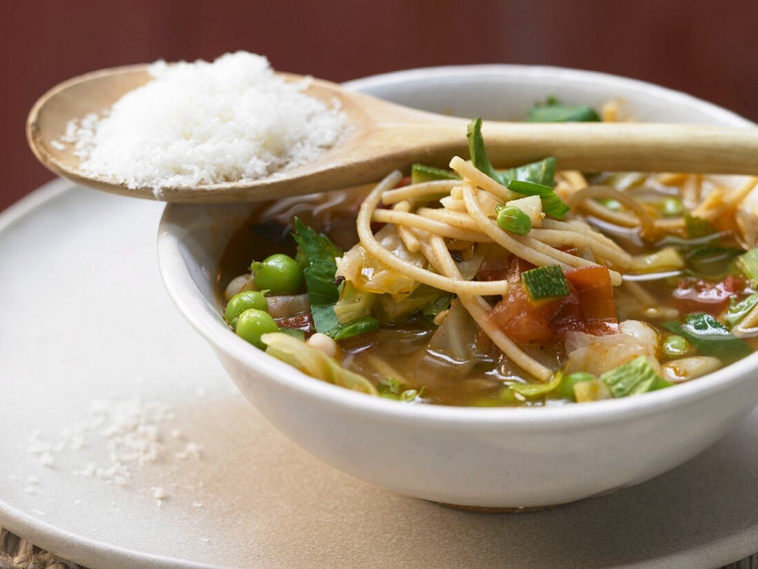 Spring minestrone with parmesan (close up)