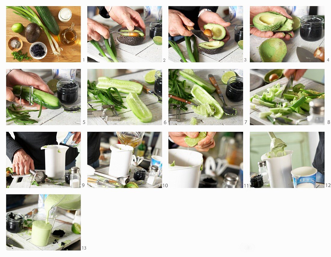 How to make cold avocado and cucumber soup with algae caviar and yoghurt