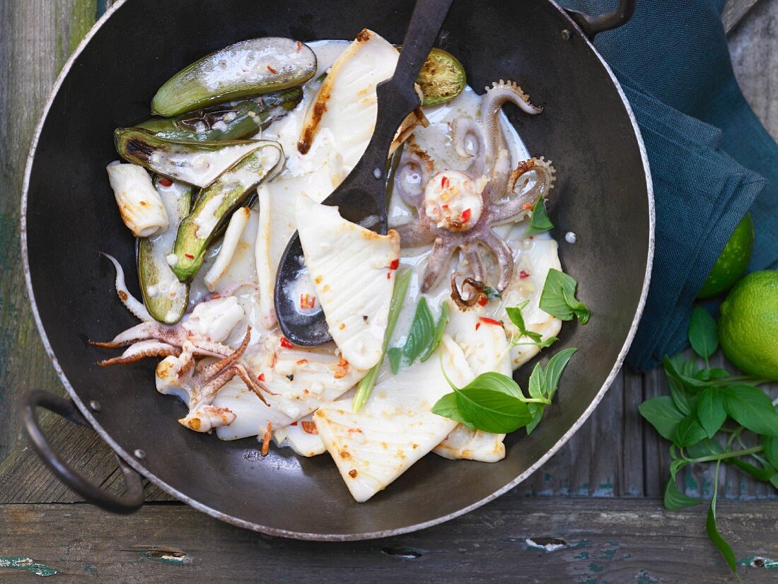 Pan fried calamari with baby aubergines