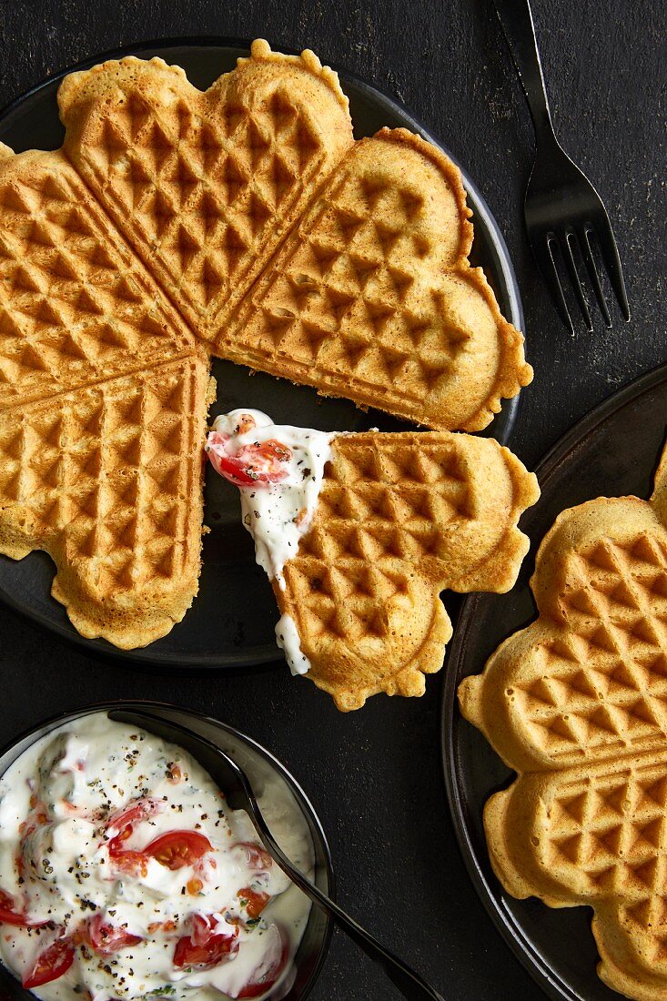 Vegetarian whole-food waffles with tomato quark