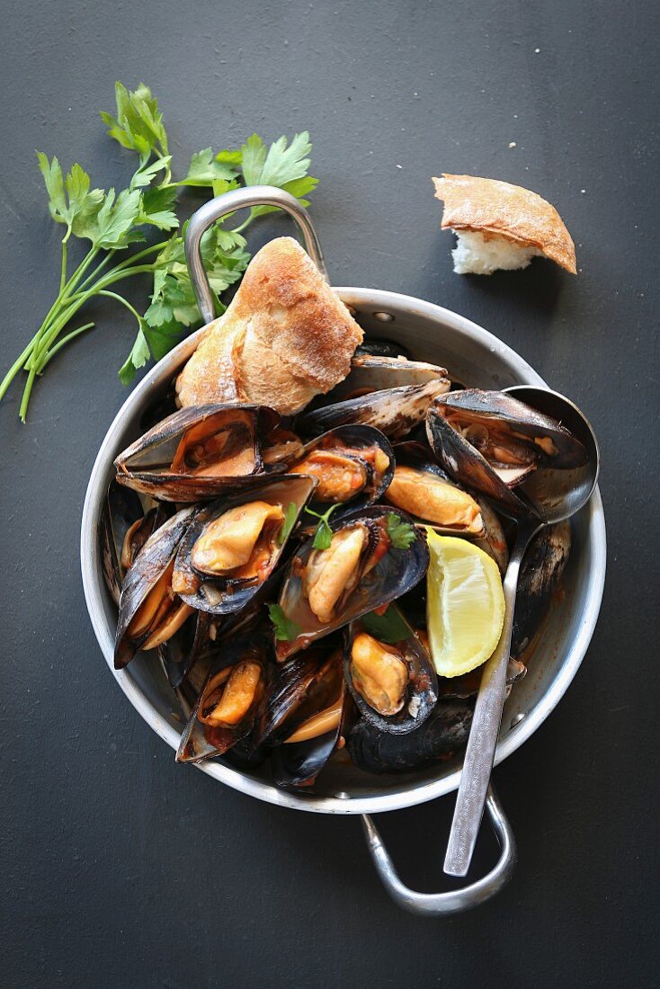 Cooked mussels in tomato sauce garnished with parsley