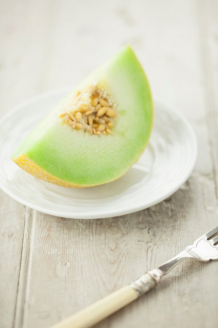 Galia Melon Slice on White Plate
