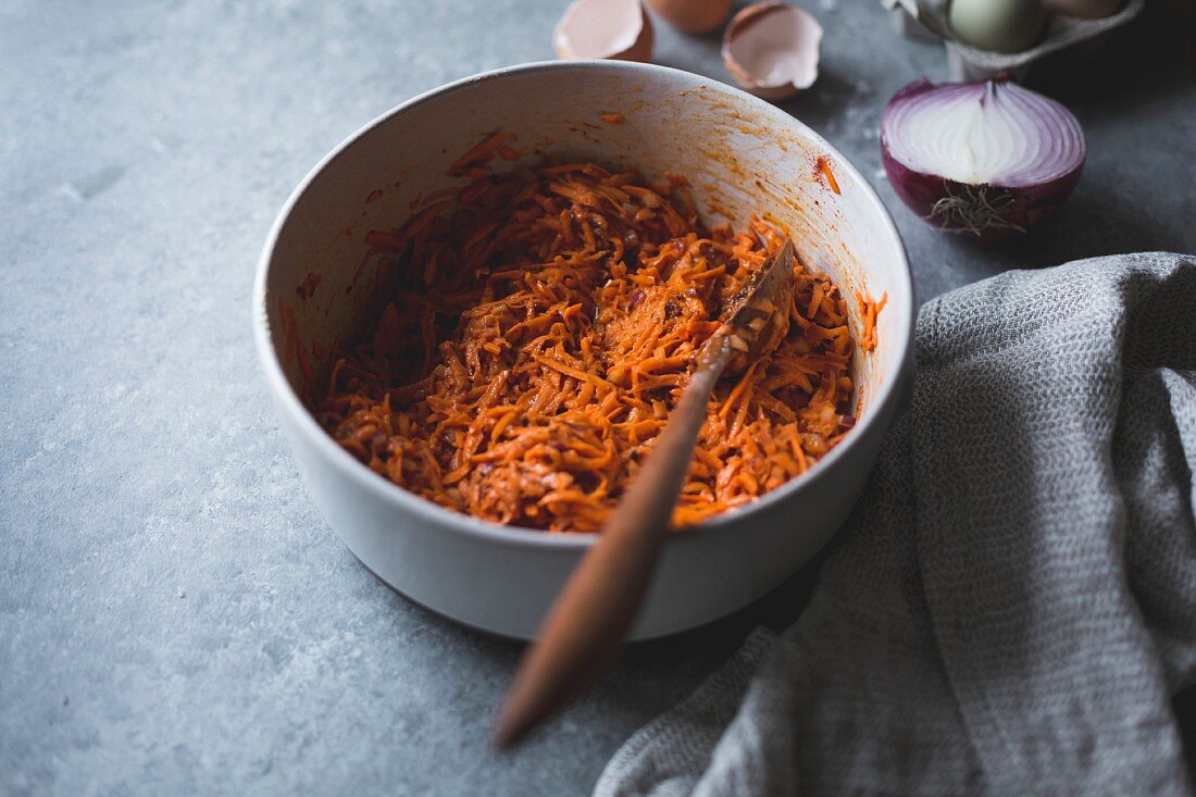 Ingredients for harissa sweet potato latkes, gluten-free