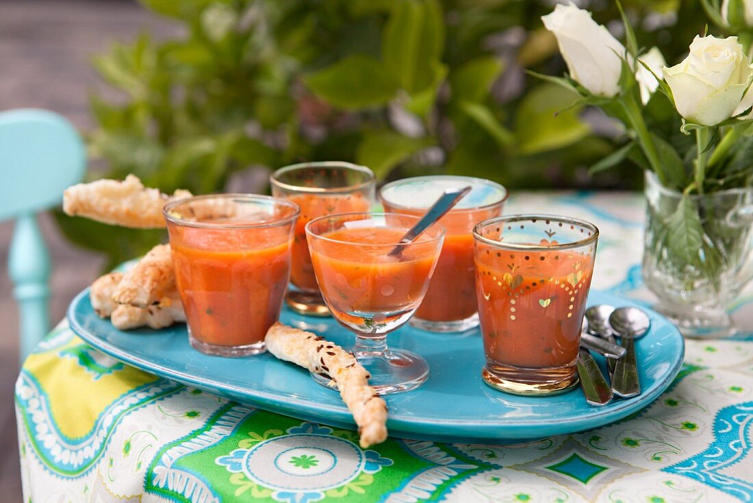 Gazpacho, cold tomato soup with cheese sticks
