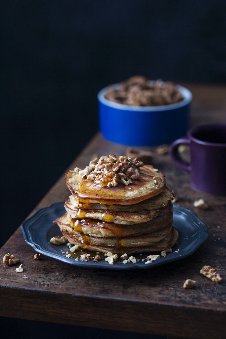 Brown butter pancakes with walnuts and maple syrup