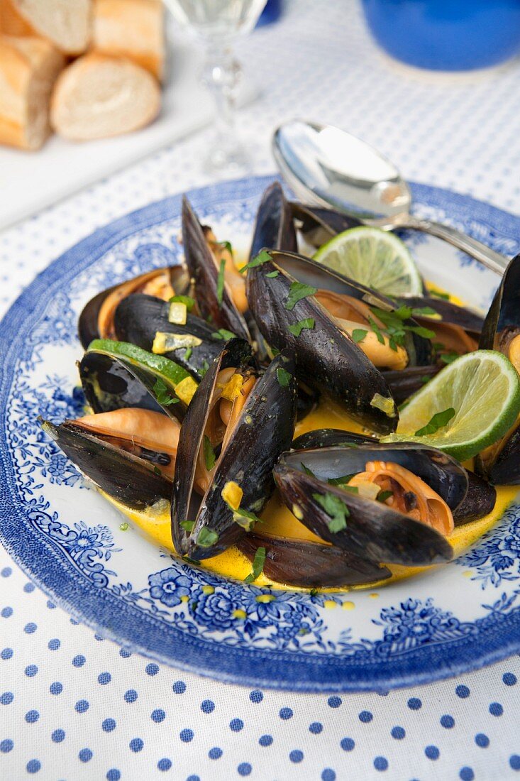 Miesmuscheln mit Limetten, Safran und frischen Kräutern