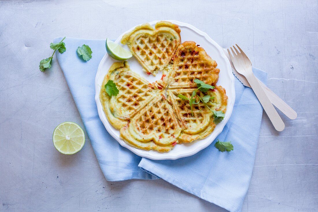 Heart waffles with lime and coriander