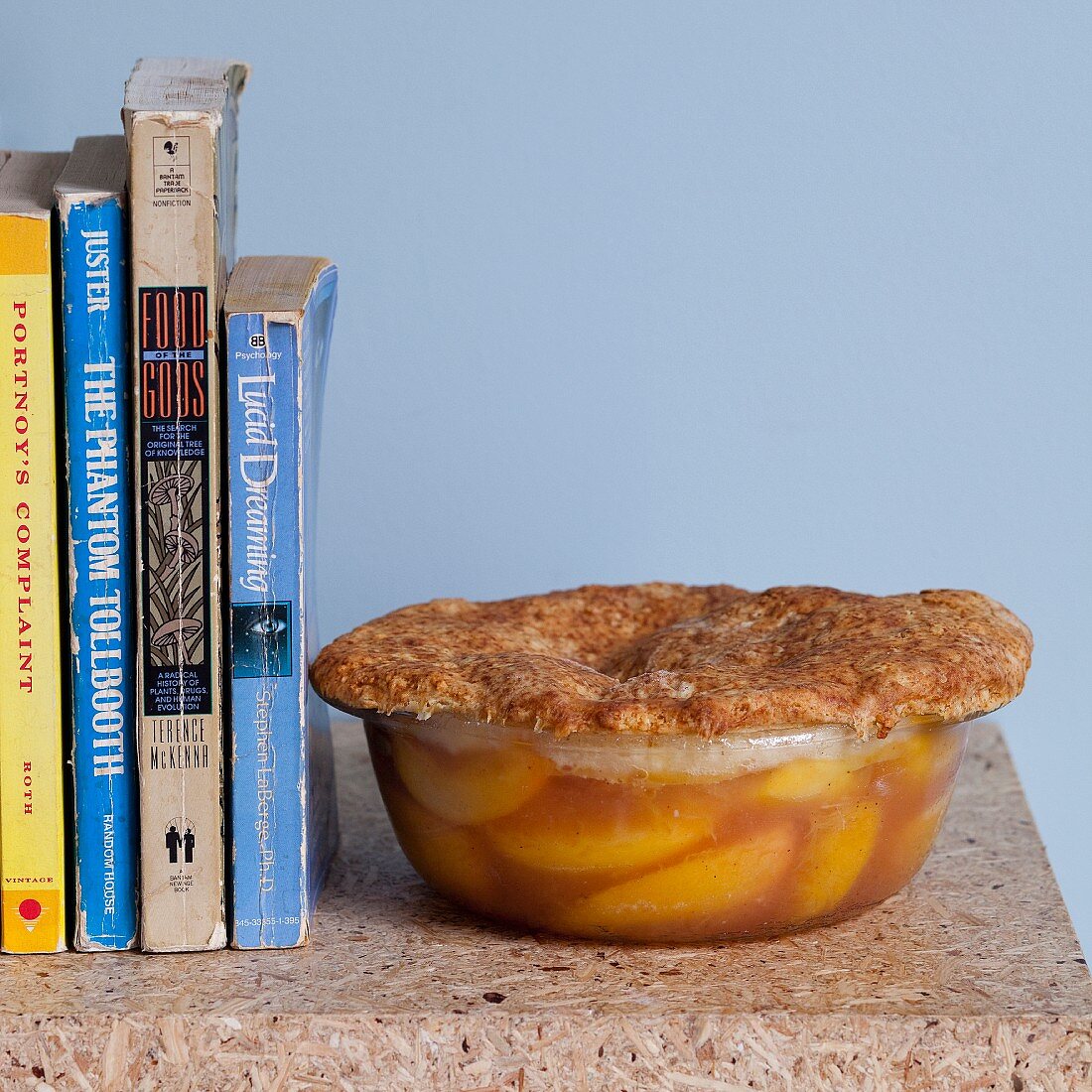 Peach cobbler in a baking dish