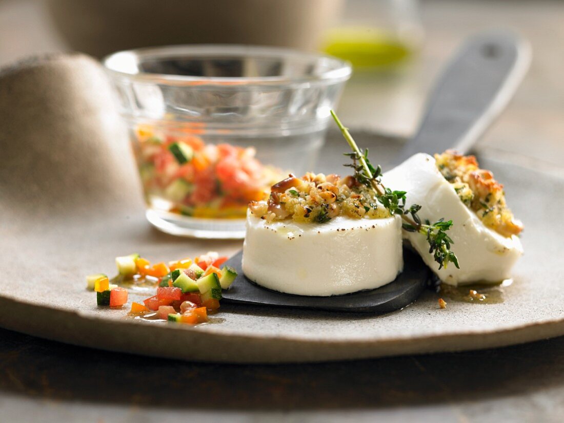 Browned goat's cheese with vegetables and herbs