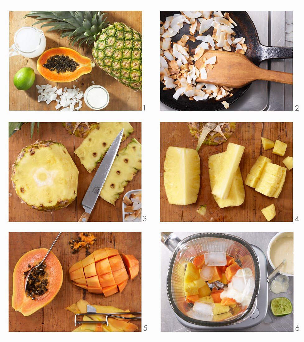 Veganen Smoothie mit Sojajoghurt, Ananas, Papaya und Kokoswasser zubereiten