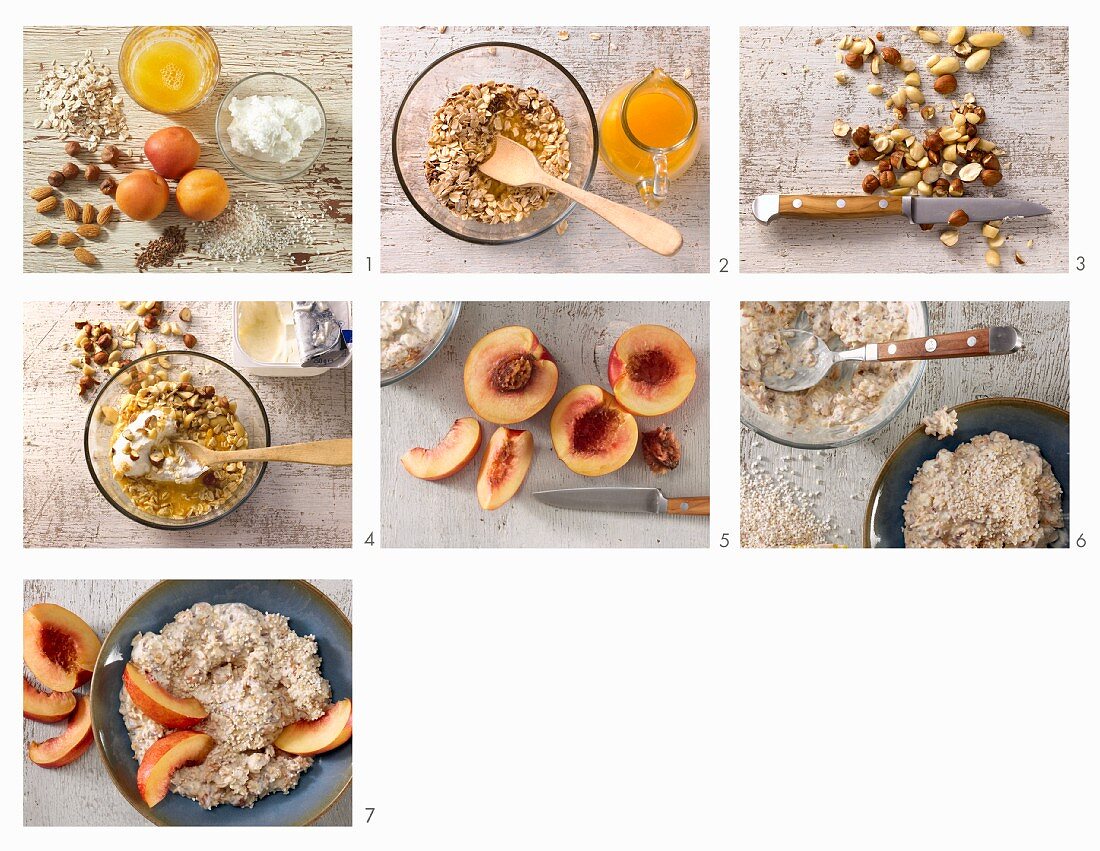 How to make amaranth and oat muesli with nuts and nectarine slices