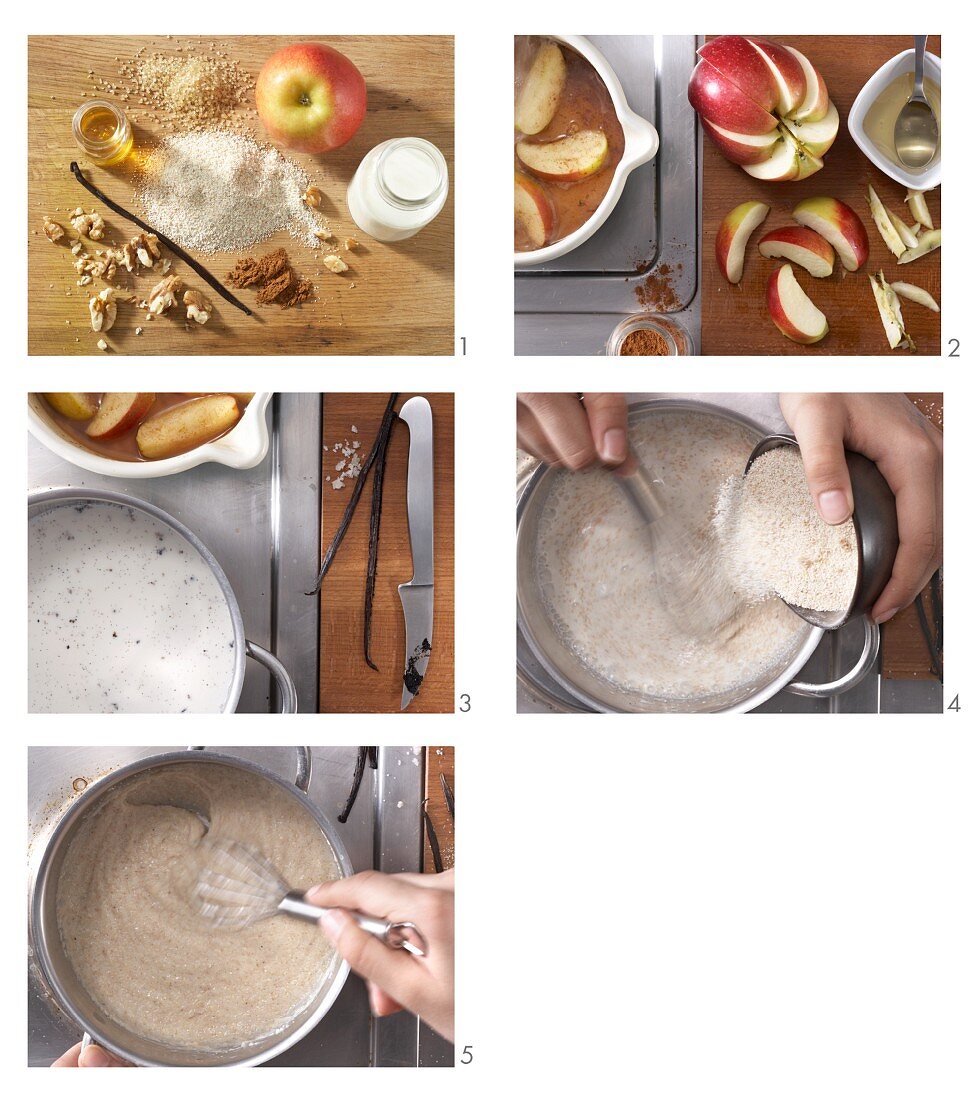 Vanille-Grießbrei aus Weizen-Vollkorngrieß mit gedünsteten Äpfeln und Nüssen zubereiten