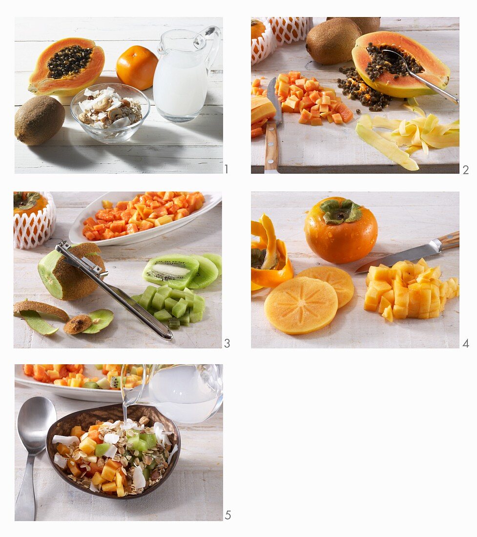 How to make exotic muesli with papaya, kiwi, kaki and coconut