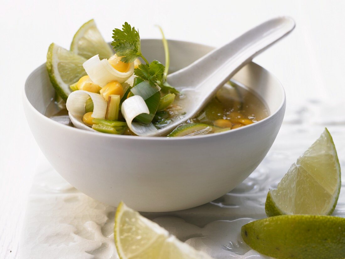 Spicy corn soup with chilli, ginger and lime