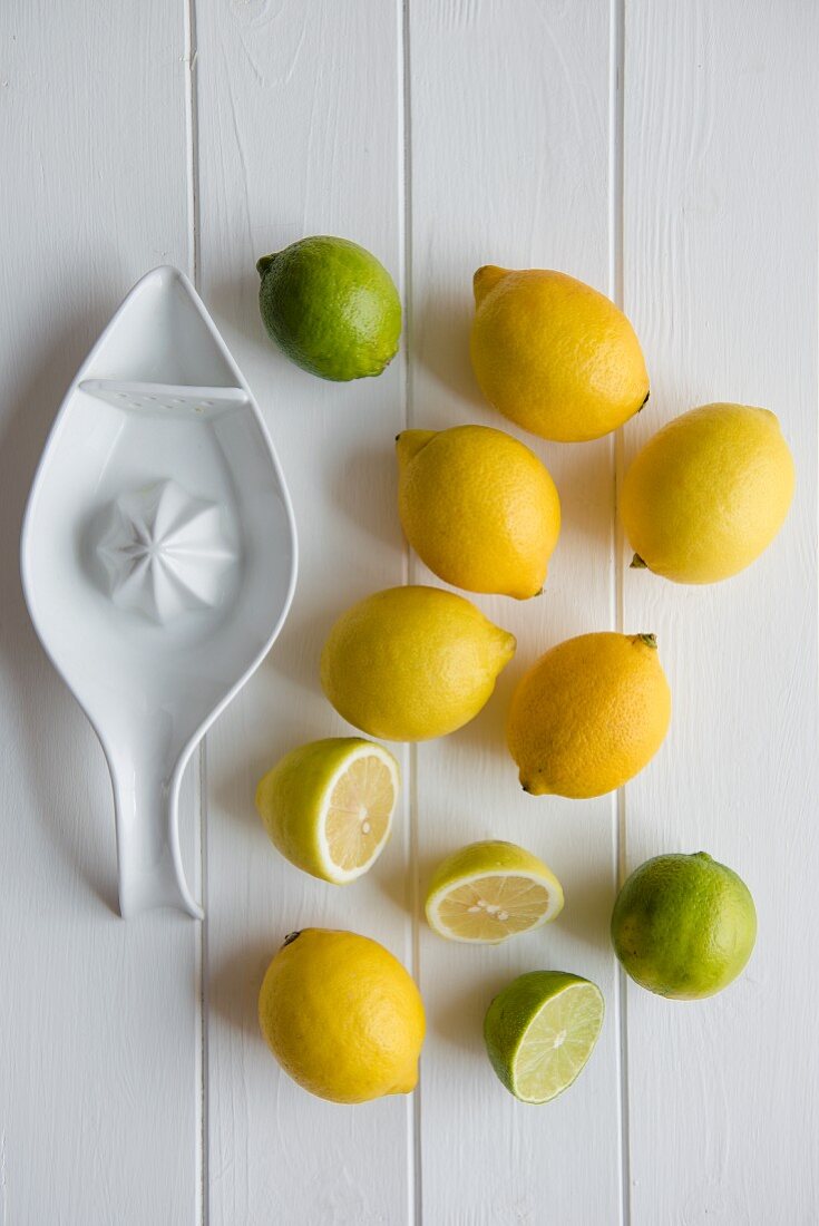 Zitronen und Limetten mit Keramikpresse