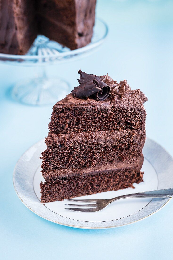 Slice of a chocolate layer cake on a plate