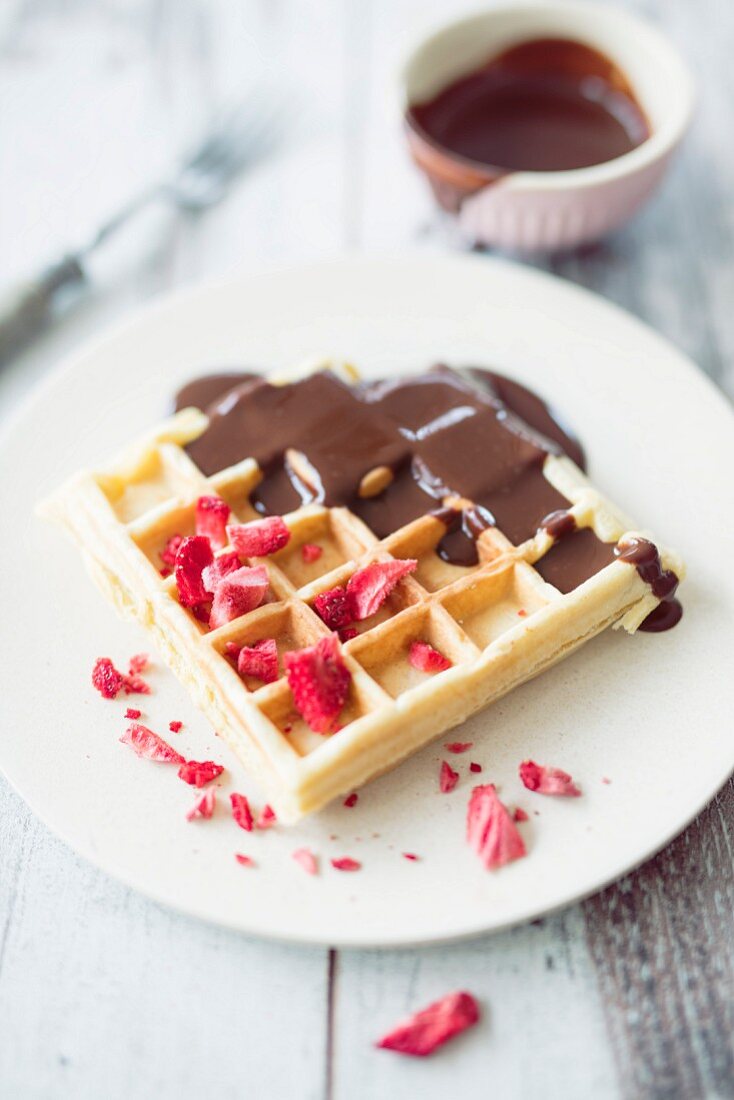 Waffles with dried strawberries and chocolate sauce