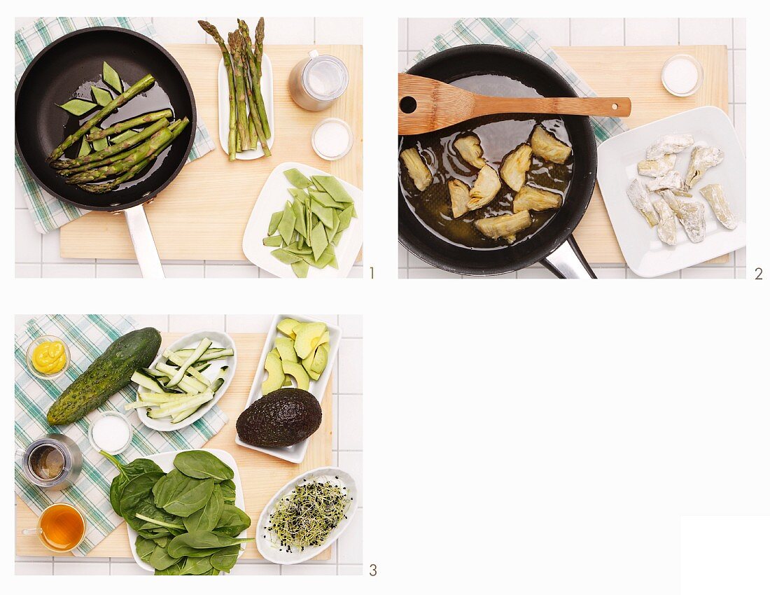 Spargel-Spinat-Salat mit Sprossen und gebratenen Artischocken zubereiten