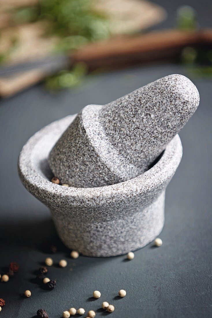 A ceramic mortar and pestle