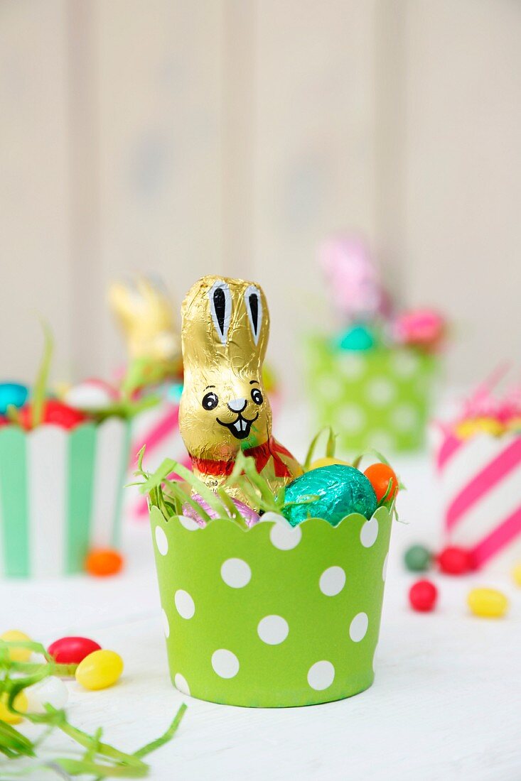 Chocolate rabbit in Easter nest in muffin case