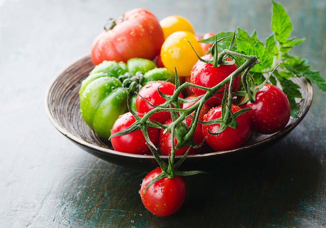 Frische gelbe, grüne und rote Tomaten