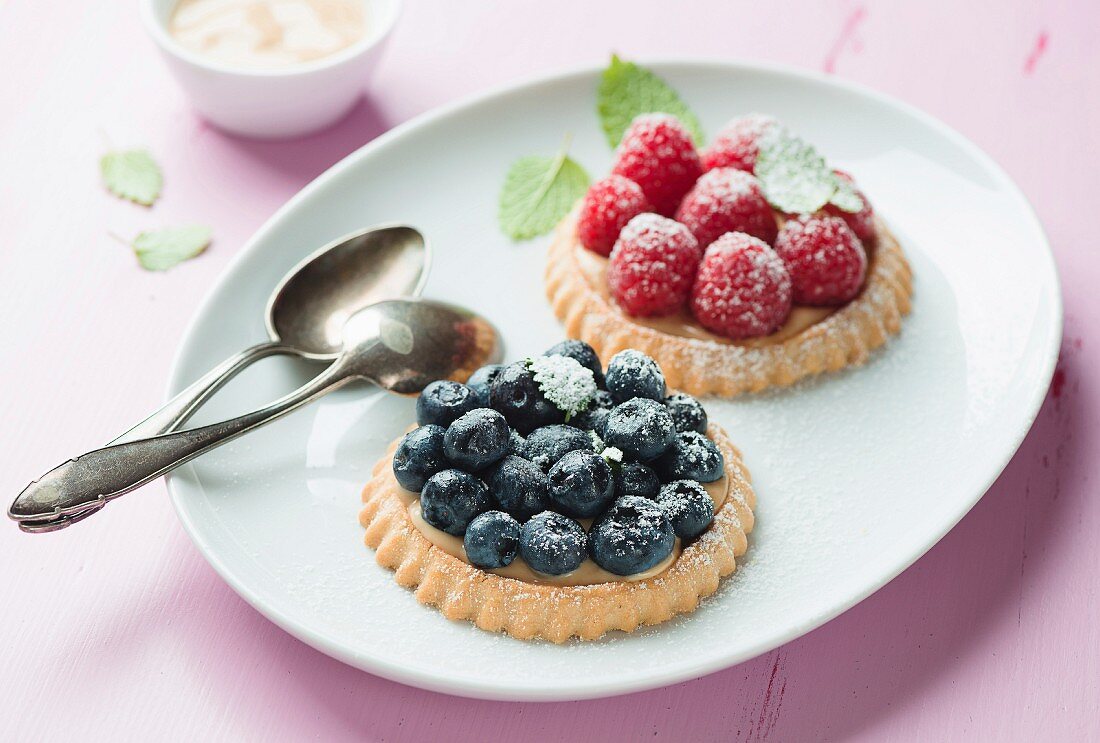 Zwei Torteletts mit frischen Himbeeren und Heidelbeeren