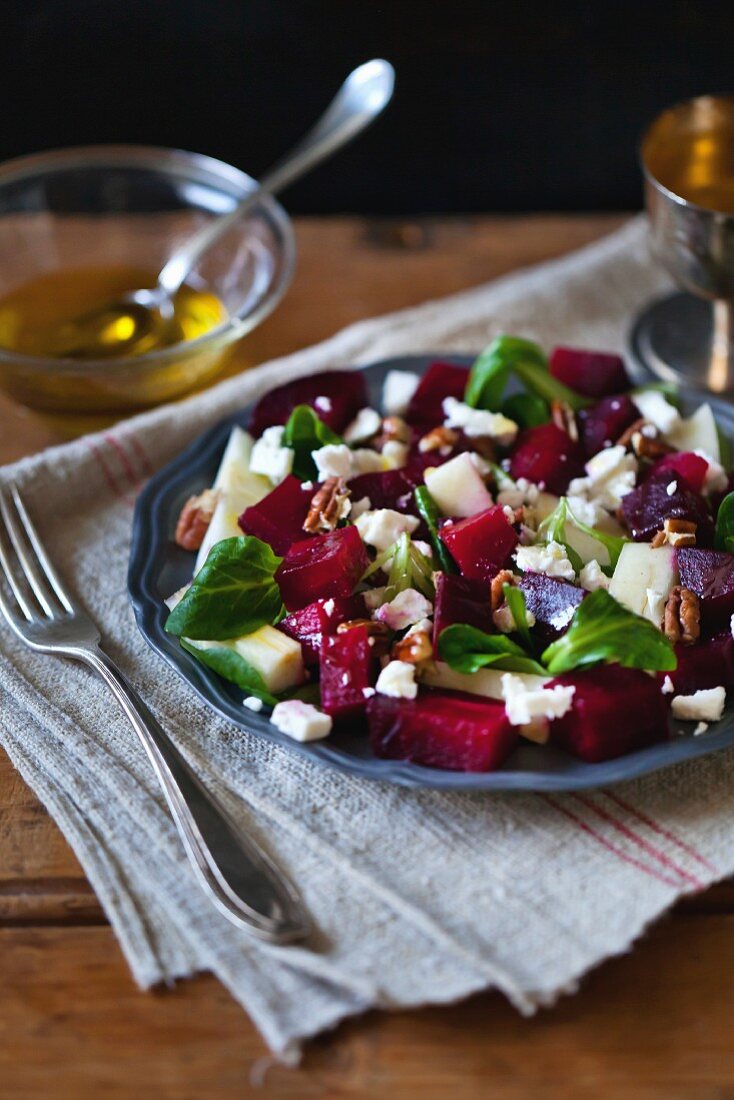 Beetroot, pear and Feta cheese salad on a plate for lunch