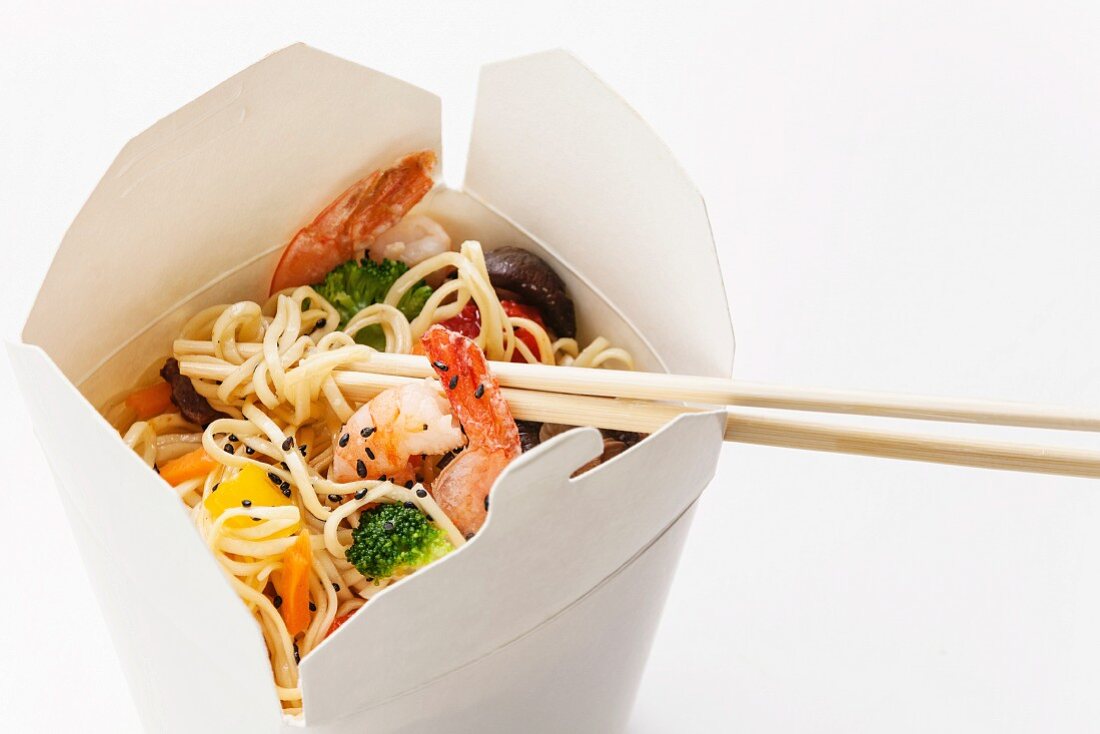 Take away Egg noodles with shiitake mushrooms, shrimp and pork