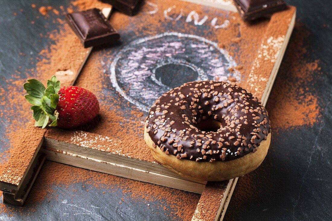 Chocolate and drawing donuts with fresh strawberries and dark chocolate served on chalkboard