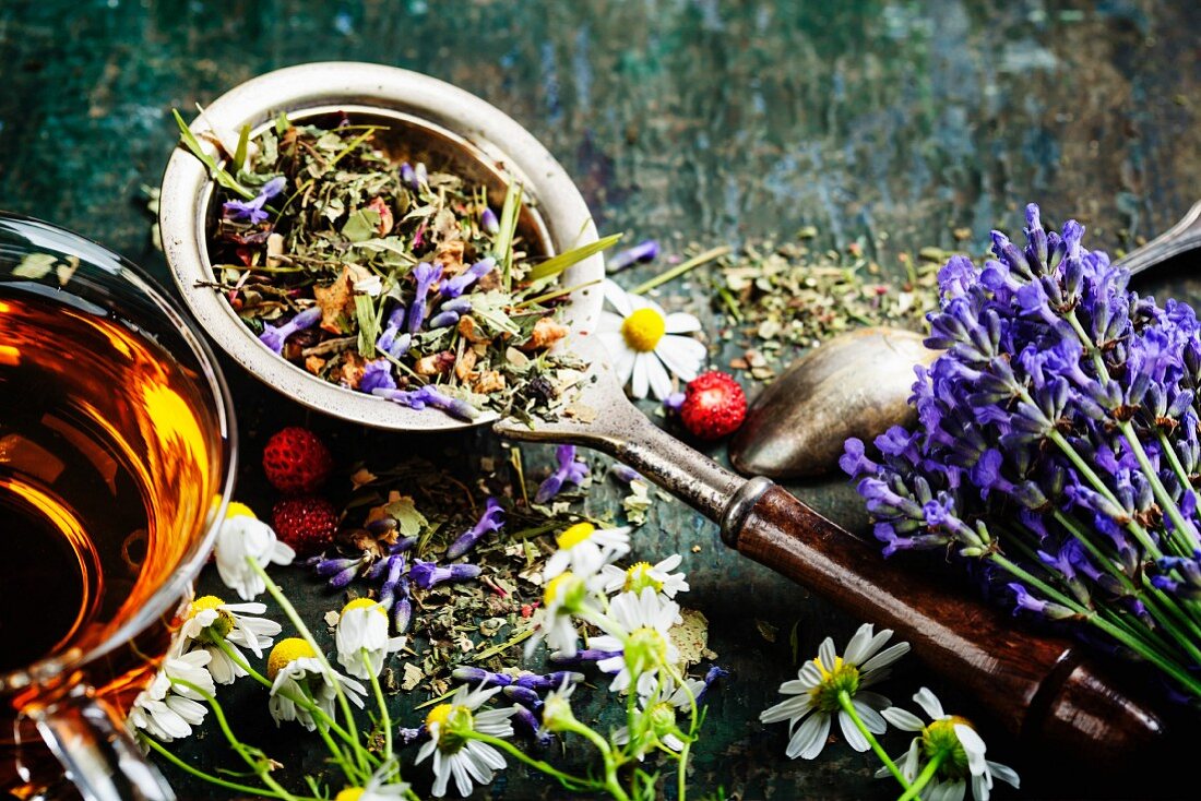 Herbal tea with wild flowers and berry on wooden background