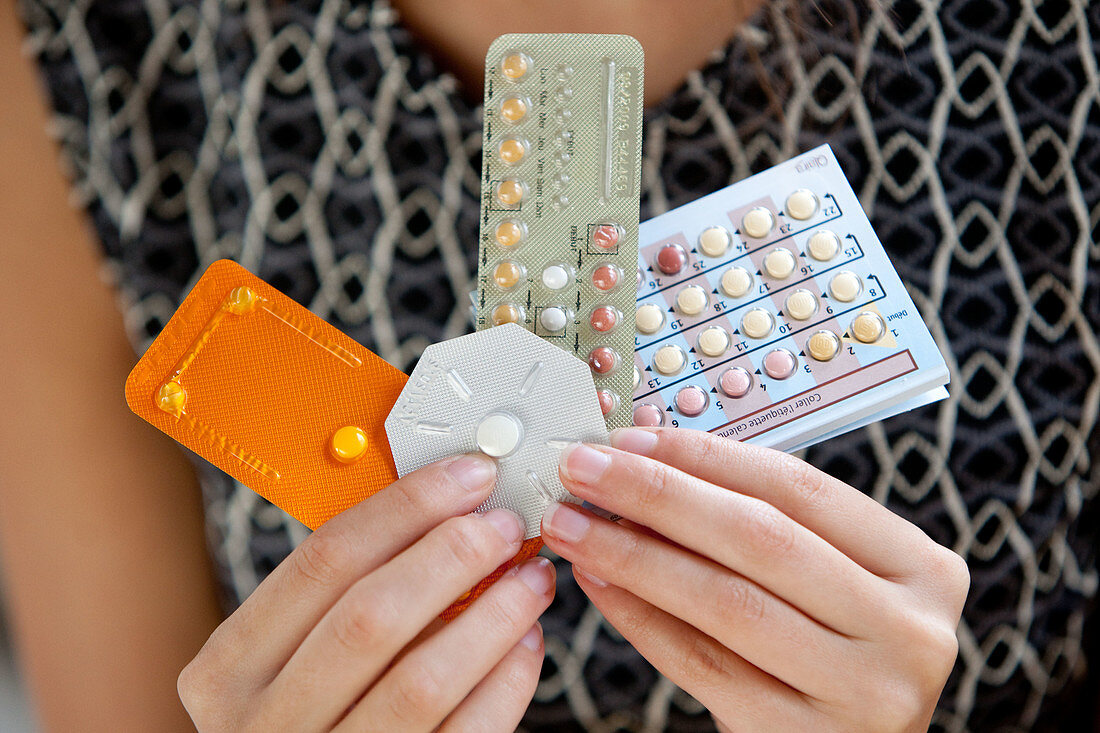 Woman with contraceptive pills