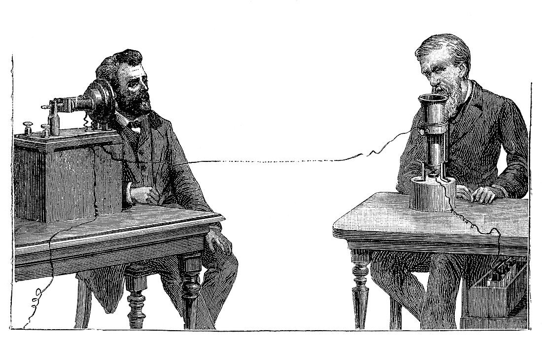 Bell and Gray using their telephones, 19th century