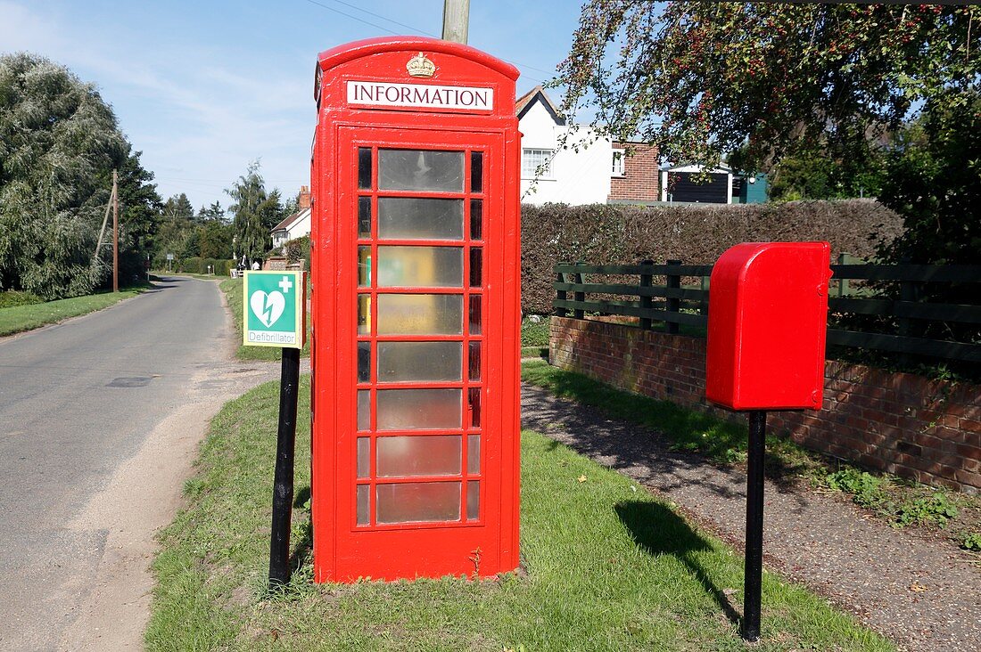 Red telephone kiosk and community defibrillator
