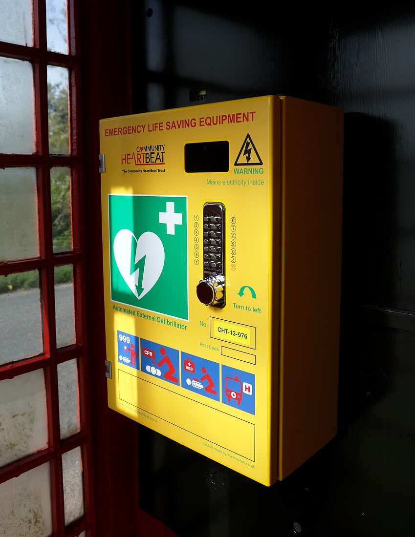 Community defibrillator in red telephone kiosk