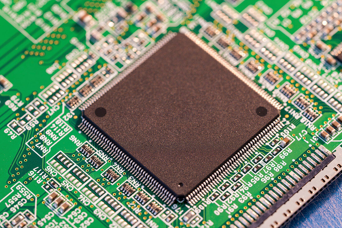 Silicon chip on a circuit board microprocessor