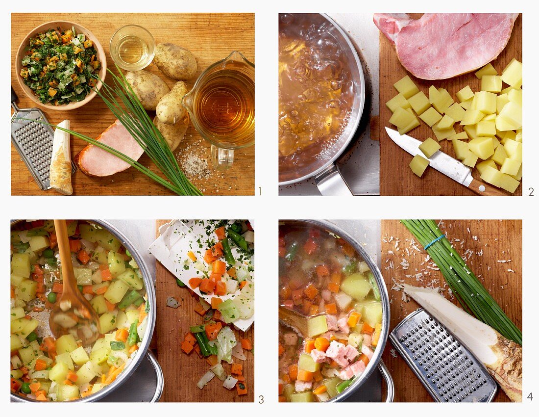 Kartoffel-Gemüse-Suppe mit Kasseler und Meerrettich zubereiten