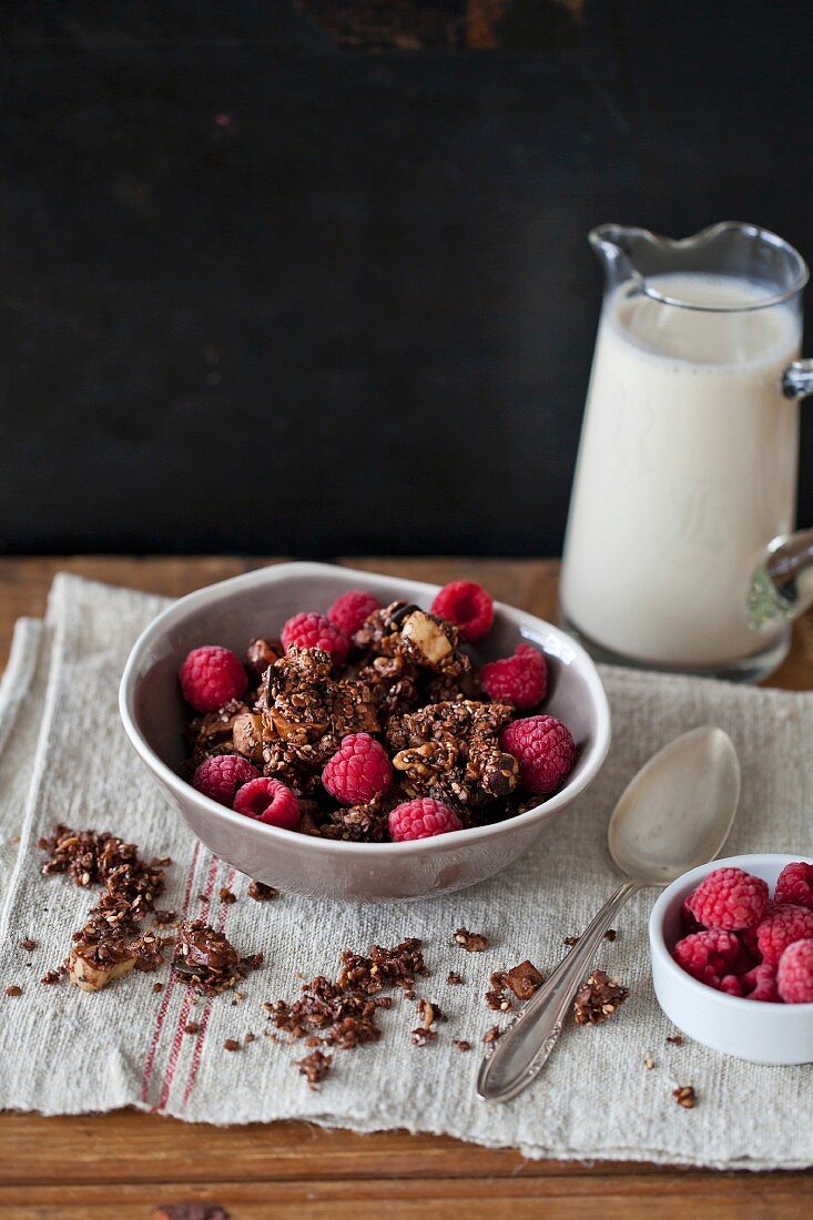 Homemade chocolate granola with seeds and nuts in a bowl and soya milk in the glass jar