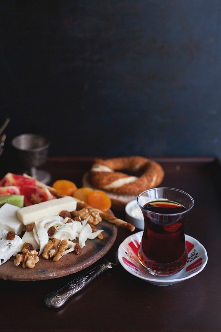 Turkish tea and selection of food for breakfast