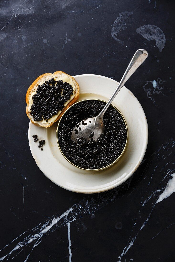 Schwarzer Kaviar vom Stör in Dose und auf Weissbrotscheibe