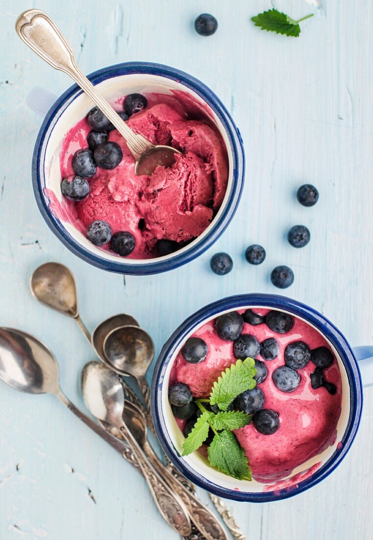 Homemade bilberry ice cream in bowls served with fresh berries and mint