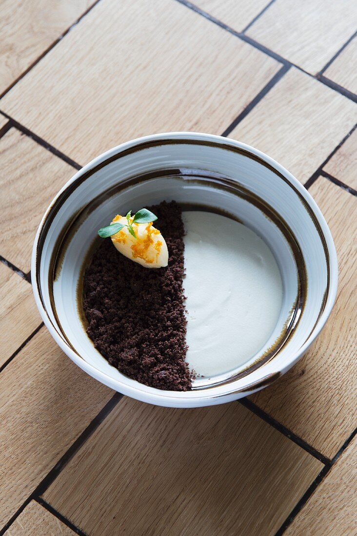 Coffee with milk, mandarin sorbet, cocoa crumble and rosemary from the 'D'O' restaurant in Milan, Italy